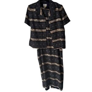 Adrianna Papell Vintage‎ Silk Blend Striped Dress Suit Set Women 16 Navy Gold